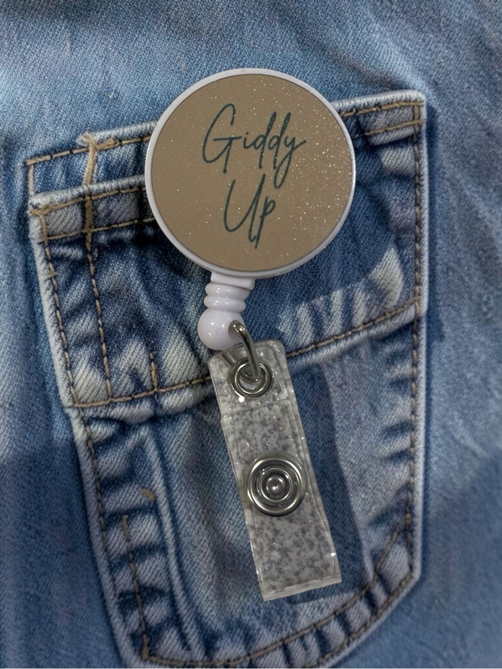 "Giddy Up" Glitter Badge Reel - Beige & White